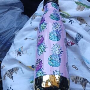 Pink Pineapple Patterned Water Bottle with Gold Accents